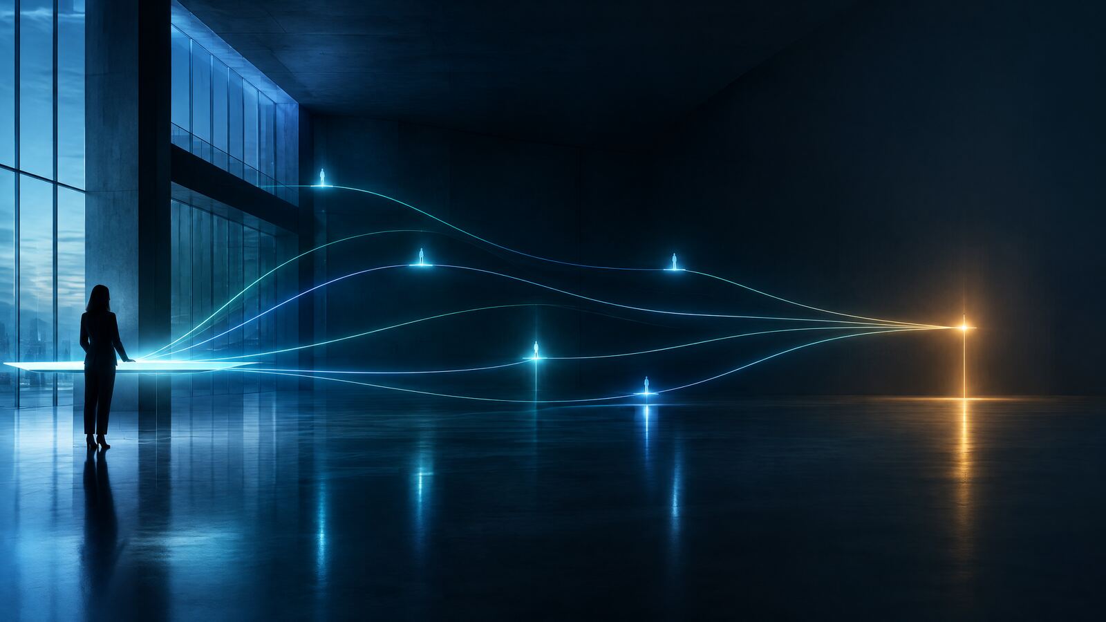A solitary professional silhouette at the edge of a dark, abstract room, with converging teal light paths suggesting stakeholder perspectives and a warm amber decision point.